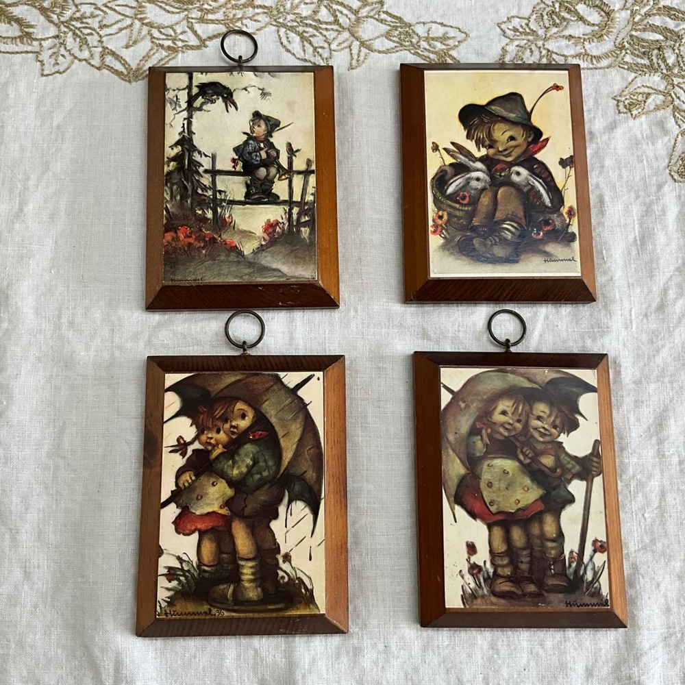 Vintage Hummel Wood Wall Plaques Set of 4 Children Umbrella Rabbits Crow Signed